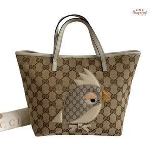 Authentic GUCCI Brown GG Monogram Canvas Cream Leather Mini Zoo Bird Tote Bag